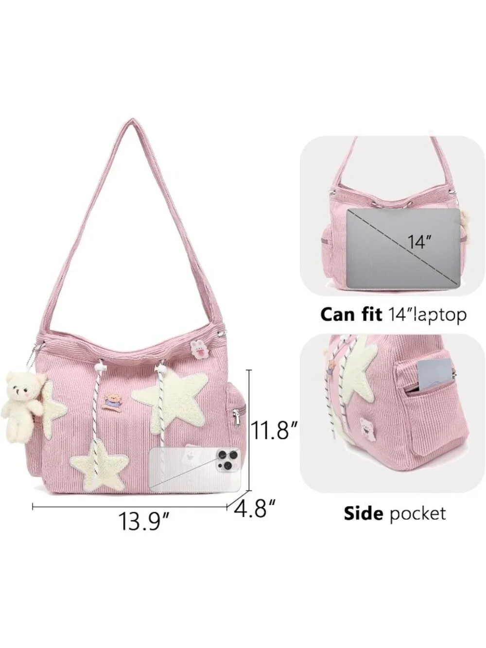 Women's Pink Zipper Kawaii Corduroy Star Crossbody Shoulder Purse
